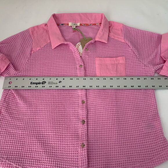 NWT Umgee Shirt Women L Pink Sheer Waffle Knit Boxy Camp Lagenlook Boho Gypsy - Picture 5 of 7